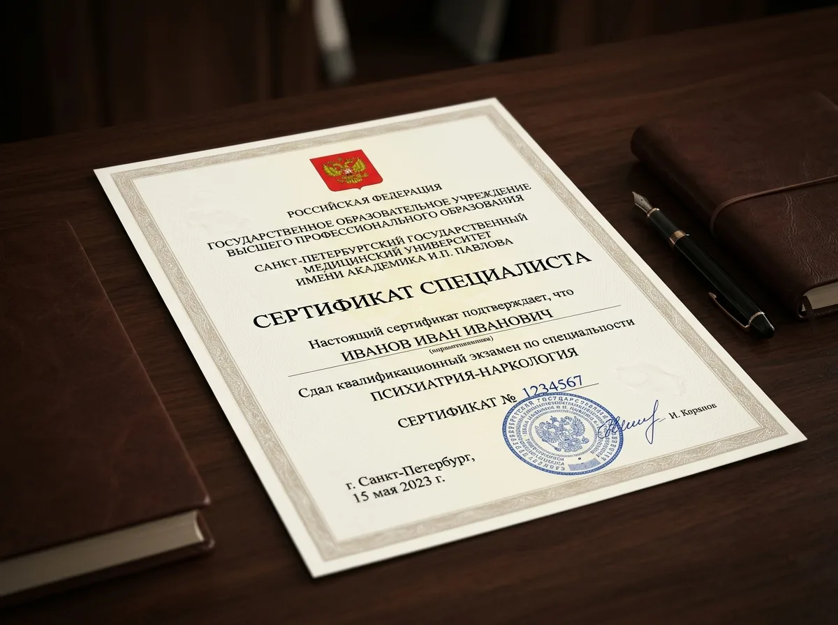 Сертификат специалиста по психиатрии-наркологии государственного образца, выданный ведущим медицинским учреждением Санкт-Петербурга, официальный документ